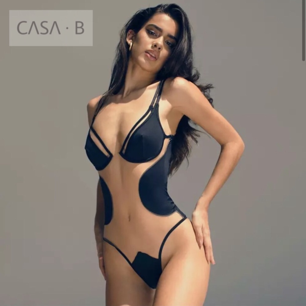 5⭐️CASA B| Delilah Sexy Sheer Mesh Nude & Black Cut- Out Patchwork Bodysuit - Picture 9 of 11